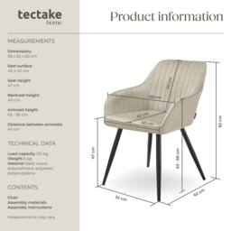 tectake Dining Chair Marilyn Per Piece - Cream/Black in Cream - Size: 1 Pack - thumbnail 6