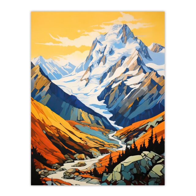 Artery8 Aoraki Mount Cook Artwork Amber Orange Blue National Park New Zealand Snow Peaked Mountain Cloud Piercer Large Wall Unframed Art Poster Print - image 1