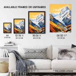 Artery8 Aoraki Mount Cook Artwork Amber Orange Blue National Park New Zealand Snow Peaked Mountain Cloud Piercer Large Wall Unframed Art Poster Print - thumbnail 3