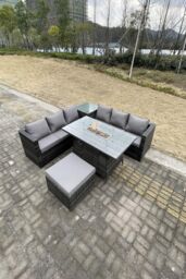 Fimous PE Rattan Garden Corner Furniture Gas Fire Pit Table Heater Lounge Big Footstool in Dark Grey - thumbnail 1