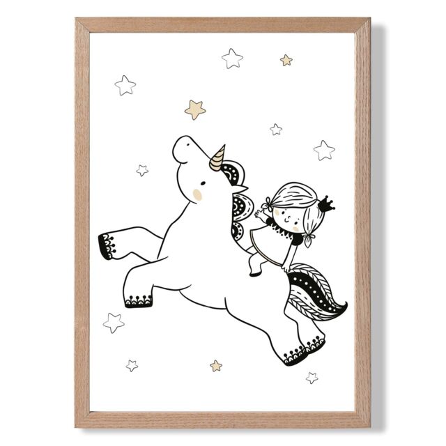 ARTZE Scandi Princess Little & Unicorn Framed Print SIZE: A3 with Oak Frame in Black - Size: A4 - image 1