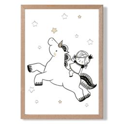 ARTZE Scandi Princess Little & Unicorn Framed Print SIZE: A3 with Oak Frame in Black - Size: A4 - thumbnail 1