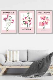 ARTZE Set of 3 Light Grey Framed Vintage Graphical Pink Hollyhock Flower Market Wall Art in Dusty Pink - Size: W33 cm x H45 cm x D20mm