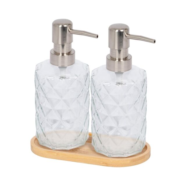 Harbour Housewares 2pc Prism Glass Soap Dispenser Set with Bamboo Tray in Clear - image 1