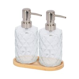 Harbour Housewares 2pc Prism Glass Soap Dispenser Set with Bamboo Tray in Clear - thumbnail 1