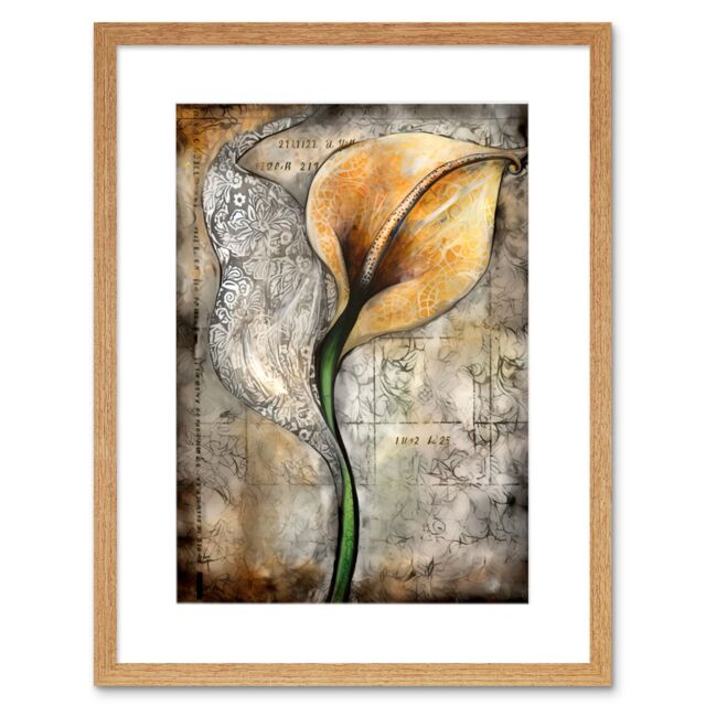 "Artery8 Wall Art Print Batik Style Pattern Calla Lily Flower Bloom Artwork Framed 9X7 Inch in Beige - Size: W7"" x H9""" - image 1