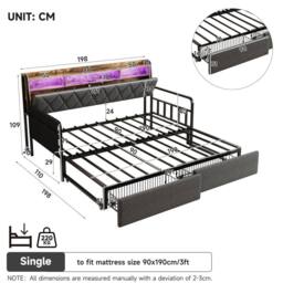 Rolipo Grey Linen Single Daybed with Trundle, Storage, LED & USB Ports - Size: Double - thumbnail 7