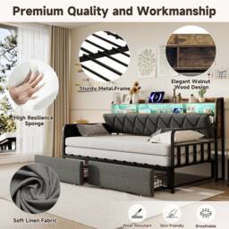 Rolipo Grey Linen Single Daybed with Trundle, Storage, LED & USB Ports - Size: Double - thumbnail 6