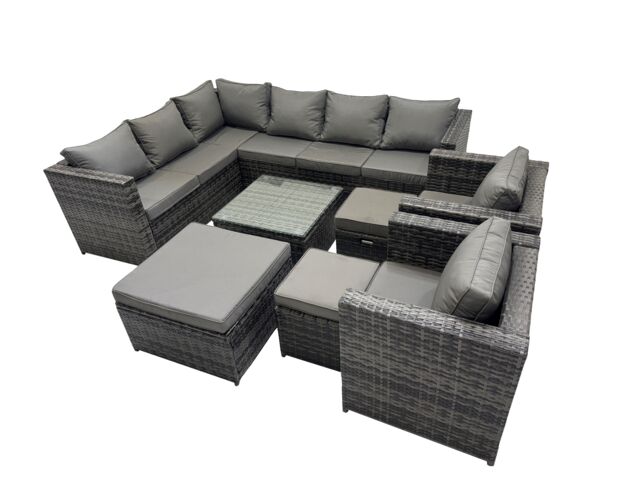 Fimous Patio Furniture Sets with Corner Sofa 2 Chairs Square 3 Footstools in Dark Grey