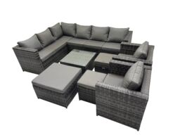 Fimous Patio Furniture Sets with Corner Sofa 2 Chairs Square 3 Footstools in Dark Grey - thumbnail 1