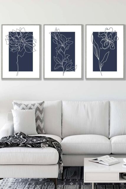 ARTZE Set of 3 Light Grey Framed Line Art Sketch Flowers on Navy Blue Wall Art - Size: W33 cm x H45 cm x D20mm - image 1