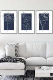 ARTZE Set of 3 Light Grey Framed Line Art Sketch Flowers on Navy Blue Wall Art - Size: W33 cm x H45 cm x D20mm - thumbnail 1
