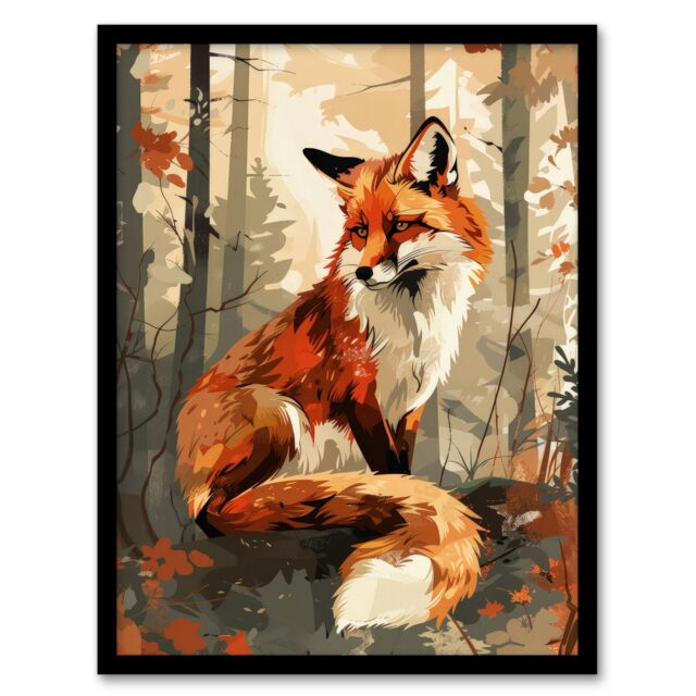 "Artery8 Wall Art Print Red Fox Autumn Forest Landscape Portrait Design Art Framed Poster in Black - Size: W12"" x H16""" - image 1
