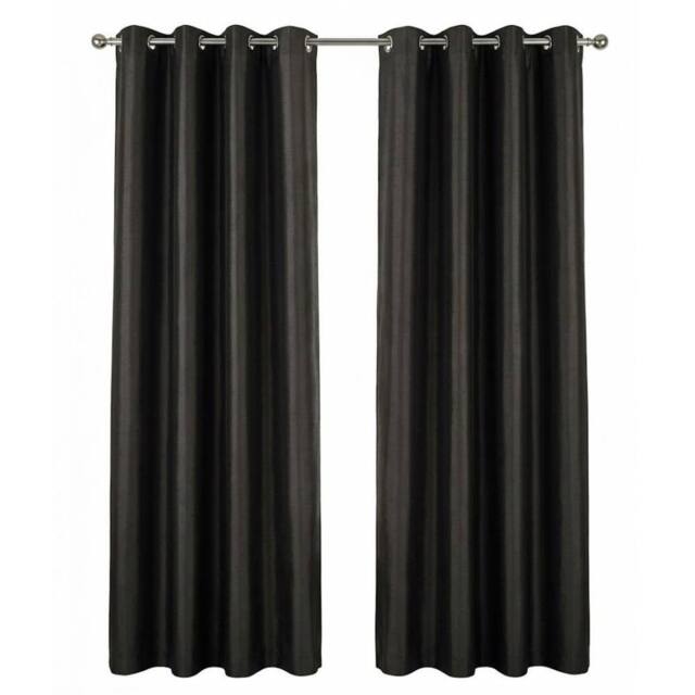 HOME LUXE INTERIOR Black Faux Silk Fully Lined Eyelet Curtains - 1 Pair, 66inches x 54inches - Size: 167 cm width x 137 cm drop - image 1