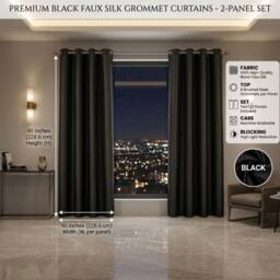 HOME LUXE INTERIOR Black Faux Silk Fully Lined Eyelet Curtains - 1 Pair, 66inches x 54inches - Size: 167 cm width x 137 cm drop - thumbnail 8