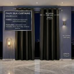 HOME LUXE INTERIOR Black Faux Silk Fully Lined Eyelet Curtains - 1 Pair, 66inches x 54inches - Size: 167 cm width x 137 cm drop - thumbnail 7