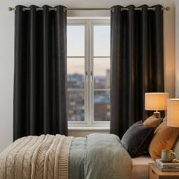 HOME LUXE INTERIOR Black Faux Silk Fully Lined Eyelet Curtains - 1 Pair, 66inches x 54inches - Size: 167 cm width x 137 cm drop - thumbnail 3