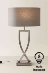ValueLights Katniss Metal Industrial Tall Table Lamp with Linen Shade & Bulb in Silver - thumbnail 1