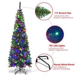 Shatchi Pre-Lit Artificial Slim Christmas Green Pencil Tree Multicolour LEDs Pointed Tips with Metal Stand - Size: 5ft - thumbnail 4