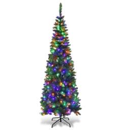Shatchi Pre-Lit Artificial Slim Christmas Green Pencil Tree Multicolour LEDs Pointed Tips with Metal Stand - Size: 5ft - thumbnail 1