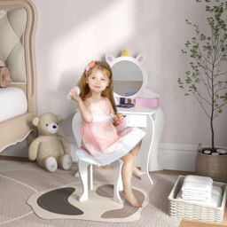 ZONEKIZ Kids Dressing Table with Mirror & Stool, Unicorn Design, for Ages 3-6 Years in White - thumbnail 1