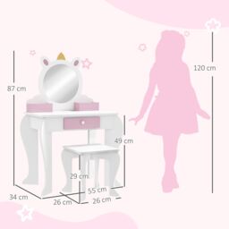 ZONEKIZ Kids Dressing Table with Mirror & Stool, Unicorn Design, for Ages 3-6 Years in White - thumbnail 3
