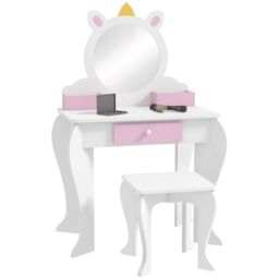 ZONEKIZ Kids Dressing Table with Mirror & Stool, Unicorn Design, for Ages 3-6 Years in White - thumbnail 2