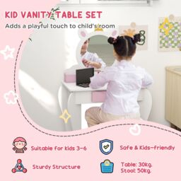 ZONEKIZ Kids Dressing Table with Mirror & Stool, Unicorn Design, for Ages 3-6 Years in White - thumbnail 4