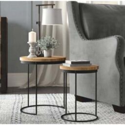 Jaipur Furniture Ltd Ravi Iron Base Solid Wood Top Round Stool (Set of 2) - L44 x W44 x H49 cm - Mango Light Finish in Brown - thumbnail 2