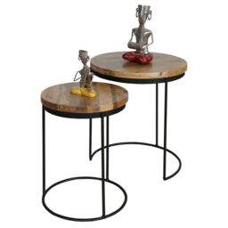 Jaipur Furniture Ltd Ravi Iron Base Solid Wood Top Round Stool (Set of 2) - L44 x W44 x H49 cm - Mango Light Finish in Brown - thumbnail 1