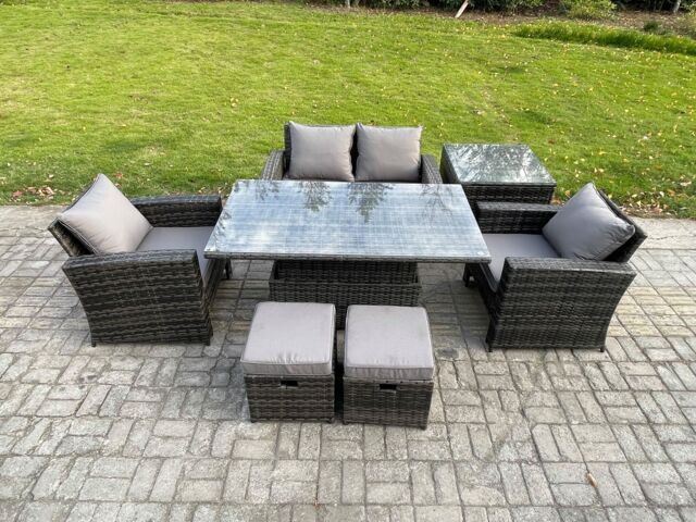 Fimous Outdoor Garden Dining Sets Rattan Patio Furniture Sofa Set with Rising Lifting Table Side Table in Dark Grey