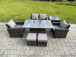 Fimous Outdoor Garden Dining Sets Rattan Patio Furniture Sofa Set with Rising Lifting Table Side Table in Dark Grey - thumbnail 1