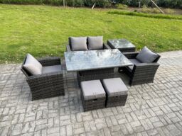 Fimous Outdoor Garden Dining Sets Rattan Patio Furniture Sofa Set with Rising Lifting Table Side Table in Dark Grey - thumbnail 2