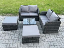 Fimous Rattan Sofa Set Outdoor Garden Furniture Set with Square Coffee Table Loveseat Sofa 2 Big Footstool Dark Grey Mixed - thumbnail 2