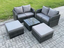 Fimous Rattan Sofa Set Outdoor Garden Furniture Set with Square Coffee Table Loveseat Sofa 2 Big Footstool Dark Grey Mixed - thumbnail 1