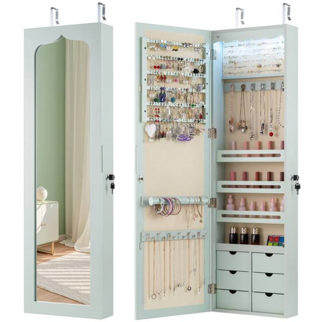 Gymax Mounted Jewellery Armoire With 5 LED Lights Lockable Jewelry Cabinet in Aqua - image 1