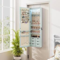 Gymax Mounted Jewellery Armoire With 5 LED Lights Lockable Jewelry Cabinet in Aqua - thumbnail 6