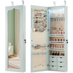 Gymax Mounted Jewellery Armoire With 5 LED Lights Lockable Jewelry Cabinet in Aqua - thumbnail 1