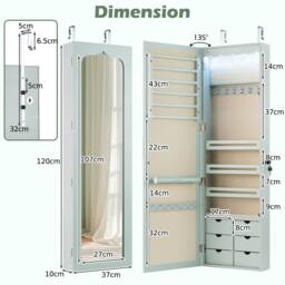 Gymax Mounted Jewellery Armoire With 5 LED Lights Lockable Jewelry Cabinet in Aqua - thumbnail 2