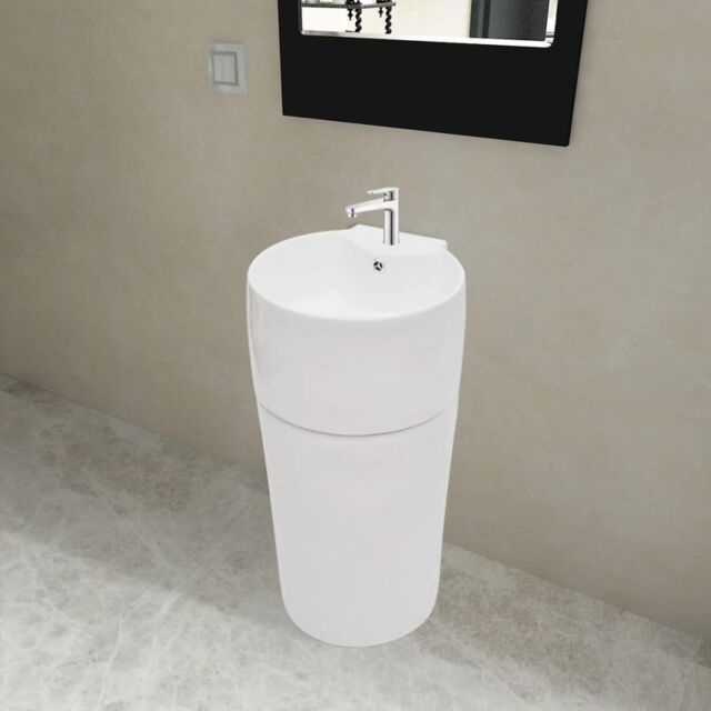 Berkfield Home Ceramic Stand Bathroom Sink Basin Faucet/Overflow Hole White Round - image 1