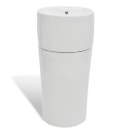 Berkfield Home Ceramic Stand Bathroom Sink Basin Faucet/Overflow Hole White Round - thumbnail 2