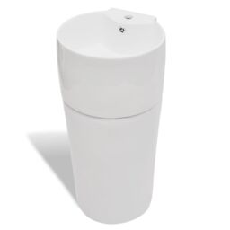 Berkfield Home Ceramic Stand Bathroom Sink Basin Faucet/Overflow Hole White Round - thumbnail 3