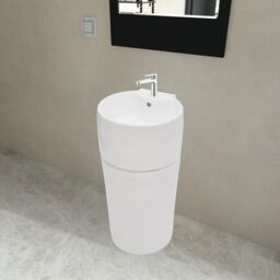 Berkfield Home Ceramic Stand Bathroom Sink Basin Faucet/Overflow Hole White Round - thumbnail 1