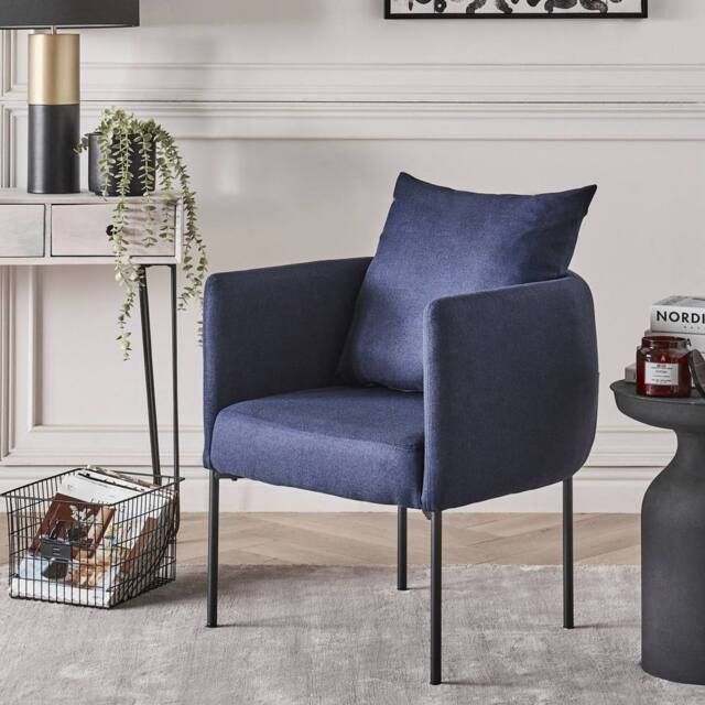 Wyld and Coco Dark Blue Faux Linen Armchair with Black Iron Legs - image 1
