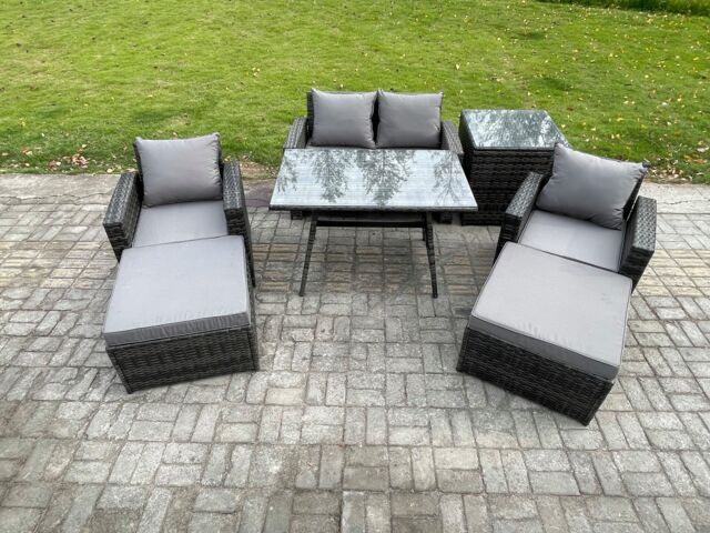 Fimous Rattan Wicker Garden Furniture Patio Conservatory Sofa Set with Rectangular Dining Table Armchair 2 Big Footstool in Dark Grey