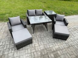 Fimous Rattan Wicker Garden Furniture Patio Conservatory Sofa Set with Rectangular Dining Table Armchair 2 Big Footstool in Dark Grey - thumbnail 2