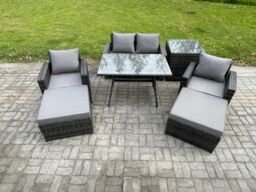 Fimous Rattan Wicker Garden Furniture Patio Conservatory Sofa Set with Rectangular Dining Table Armchair 2 Big Footstool in Dark Grey - thumbnail 1