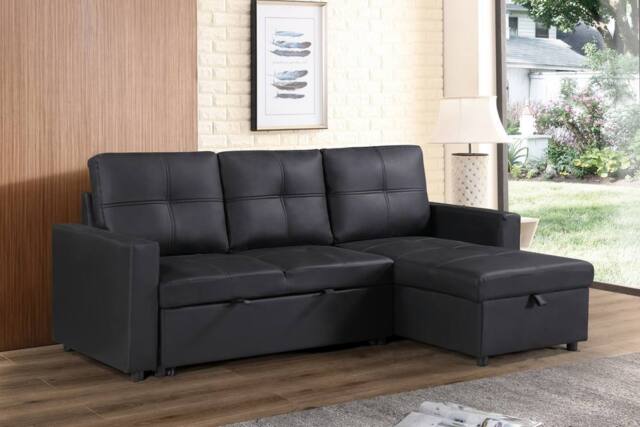 LUXURY LIFE Newhaven Leather 3 Seater Sofa Bed with Reversible Chaise in Black - image 1