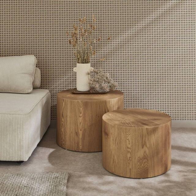 sweeek Set Of 2 Round Nesting Coffee Tables Wood Effect in Light Brown - image 1