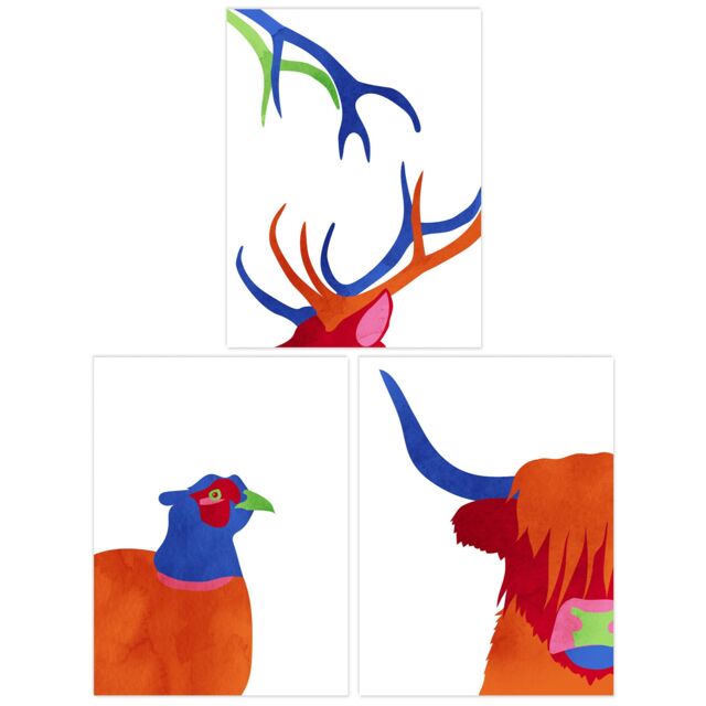 Artery8 Wall Art Print Pack of 3 A4 Scottish Highland Animals Highland Coo Cow Grouse Deer Abstract Colour Block Living Room s Set - image 1